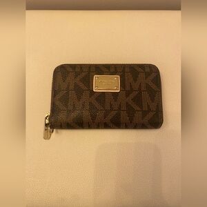 Michael Kors Brown MK Logo Zip Card Case with Gold Plaque